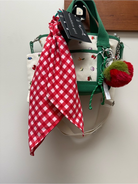 Madden Girl Handbags - Madden Girl Green and Cream Embroidered Tote with Red Gingham Scarf